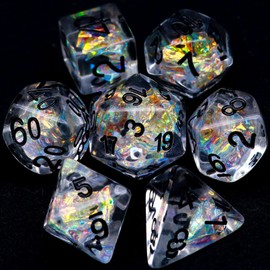 Haxtec Clear DND Dice Set 7 Pieces Filled Resin Polyhedral D&D Dice W/Iridescent Rainbow Mylar Inclusion for Roleplaying Games Dungeons and Dragons Gift