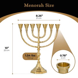 Salomon's Menora - Portavelas de latón auténtico - 7 ramas de Jerusalén, Israel, diseño antiguo para decoración espiritual, religiosa y del hogar