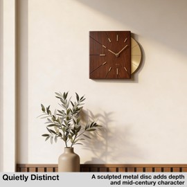 Driini Clocks Mid Century Modern Wall Clock - Square Wood Clock with Decorative Gold Accent- Unique and Cool Clock, Battery Operated - MCM Decor & Decorative Wall Clock for Mid Century Modern Decor.
