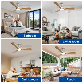 Depuley 42-Inch Ceiling Fans with Lights: Wood 3 Blade Flush Mount Low Profile Ceiling Fan for Bedroom - Dimmable Indoor Outdoor Fan with Remote APP Control Ultra Quiet DC Motor Timer