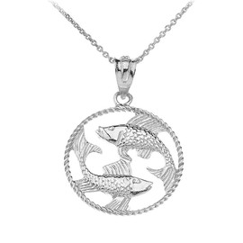 Exquisite Sterling Silver Pisces Zodiac Sign Twisted Style Rope Round Pendant Necklace, 16"