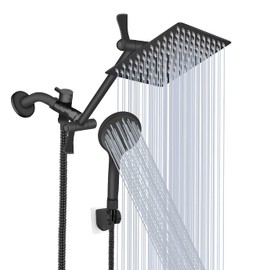 Tudoccy Shower Head, 8‘’ High Pressure Rainfall Shower Head/Handheld Shower Combo with 11'' Extension Arm, 9 Settings Anti-leak Shower Head with Holder, Height/Angle Adjustable, Matte Black