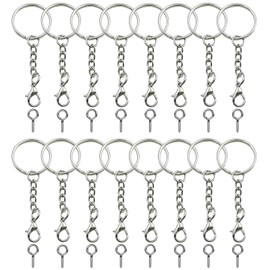 60 Piece Key Ring Set (30 Key Ring Chain + 30 Screw Eye Pins), 25 mm Key Ring with Chain, Key Rings with Lobster Clasp for DIY Keychain Crafts