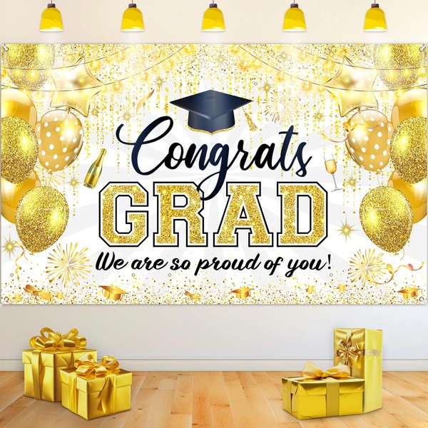 White Gold Graduation Decorations Banner 2025 Congrats Grad Backdrop We