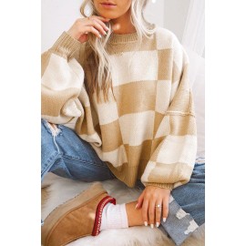 Dear-Lover US Warehouse No Import Charges Orange Checkered Bishop Sleeve Women's Ladies Sweater for WinterSize: M, Color: LC2723492-16