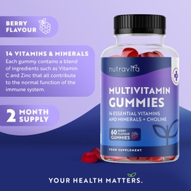 Multivitamin Gummies for Women & Men - 60 Vegan Gummies (2 Month Supply) - 14 Essential Vitamins & Minerals with Vitamin C A D B12 Biotin Zinc - Berry Flavour Chewable Adult Multi Vitamins - Nutravita