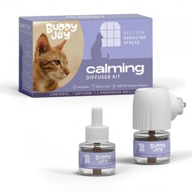 BUDDYJOY Cat Calming Diffuser Refills – Long-Lasting 30-Day Formula with Pheromones for Stress Relief, Relaxation, and Anxiety Reduction in Cats – (1 Diffuser + 2 Refills)