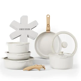 Country Kitchen Cookware Set with Removable Handle, Oven & RV Safe Pots and Pans Set, Cream Gold Speckle Wood Handle, Original
