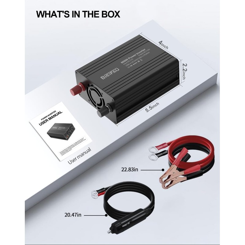 600W Inverter 12V to 110V, DC to AC Car Power