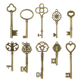 CHuangQi Vintage Skeleton Keys Set - Filigree Steampunk Antique Bronze Charms Pendants, Double-sided, No Repetition (Pack of 10)