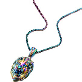 COOLSTEELANDBEYOND Exclusive Mens Womens Steel Colorful Lion Head Pendant Necklace with 24 inches Steel Wheat Chain