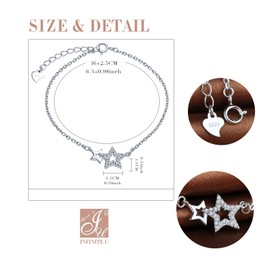 Unendlich U Fashion Doppel Sterne Damen Armband 925 Sterling Silber Zirkonia Armkette Verstellbar Charm Armkettchen Armreif, Silber