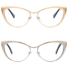 KoKoBin Cat Eye Reading Glasses - 2 Pairs Metal Frame Glasses Spring Hinge Readers with Leather Pouch for Men and Women, Silver+Gold 1.25