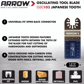 Arrow OSC103-3 Japanese Tooth Hardwood Oscillating Blade for Hardwood, Wood, PVC, Drywall, Universal, Fits Most Multitools, 1-5/16 Inch, 3-Pack