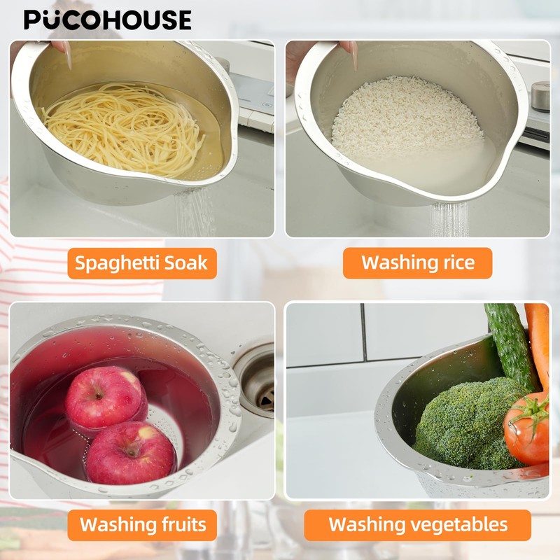 PUCOHOUSE Rice Washer Strainer Bowl- 4-in-1 Washing Bowl for Quinoa,Stainless