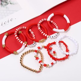 Game Day Bracelets for Women Football Bracelets Red Black Blue Heishi Clay Beaded Stretch Bracelets Stackable Sports Football Charm Bracelet Bangles Football Mom Accessories Outfits Jewelry Gifts (Red White 2)