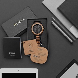 BYMAX Men Wood Watch Quartz, Fashion Handmade Wooden Wrist Watches Mens, Zebra Black