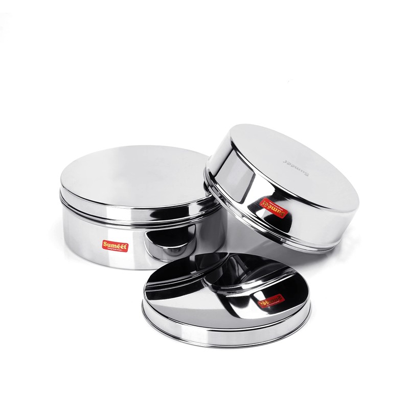 Sumeet Stainless Steel Flat Canisters/Puri Dabba/Storage Containers Set of 2Pcs