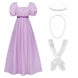 HEQU Regency Dresses with Satin Sash, Gloves, Pearl Necklace and Headband, Ruffled Puff Sleeve, Party Ball Gown Costume Long Dress(l Light Purple)