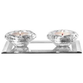 Crystal Tealight Candle Holder - Set of 2 Tea Light Candle Holders Attached to a Glass Mirror Tray - Decorative Table Centerpiece for Tea Light and Votive Candles (Silver)