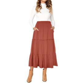 Afibi Womens High Waist A Line Ruffle Swing Long Maxi Skirt with Pockets (Large, Caramel)