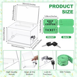 Havawish Clear Raffle Box with Lock with 500 Raffle Tickets Double Roll Acrylic Donation Box with Lock 6.3" x 4.7" x 3.9" Ballot Box Container with 2 Keys for Lottery Games Suggestion Tip Jar(Green)