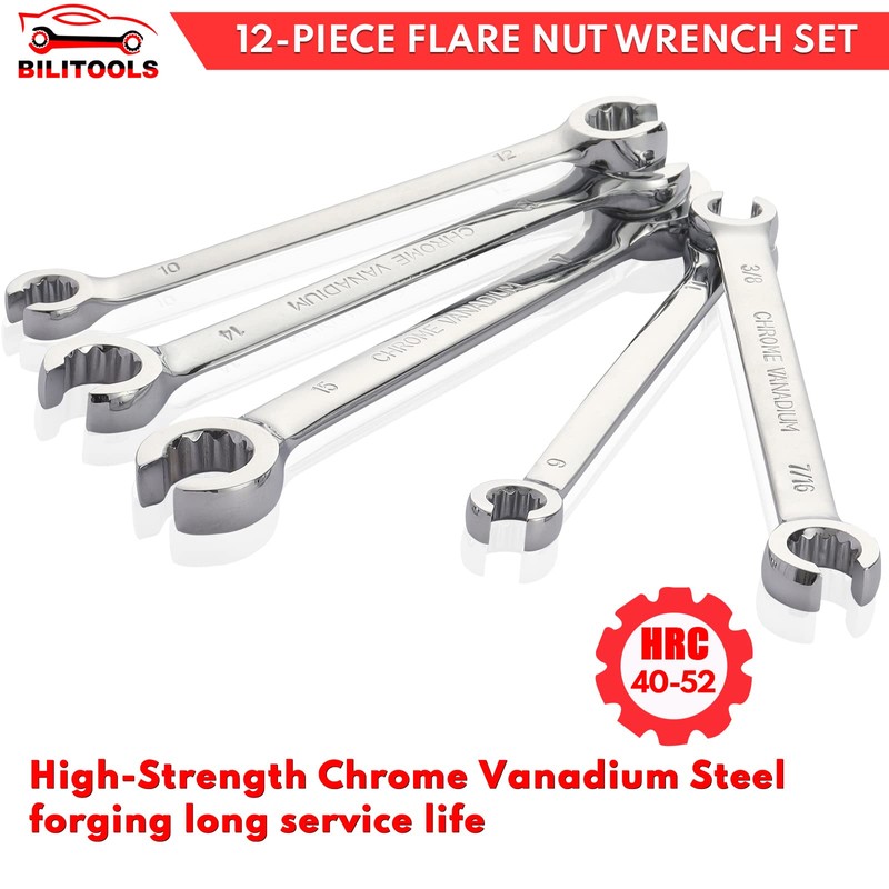 BILITOOLS 12-Piece Flare Nut Wrench Set, Metric & Standard, 12-Point