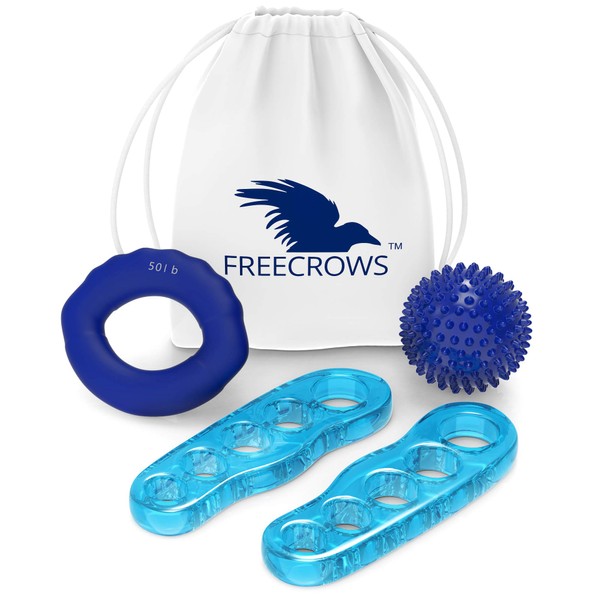 Freecrows - Big Toe Separators + Hand Grip Strengthener Workout - Spiky Massage Ball Set - Blue Gel Foot Stretcher for Fighting Bunions - Hammer Toes Fitness Kit - Pain Relief for Men + Carrying Bag