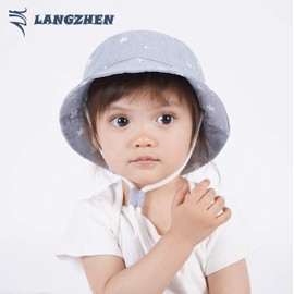 LANGZHEN Sun Protection Hat for Kids Toddler Boys Girls Wide Brim Summer Outdoor hat Cotton Baby Bucket Hat with Chin Strap (Light Blue - Stars, L: 2T-4T (52cm /20.5"))