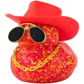 wonuu Car Dashboard Decorations Cowboy Hat Rubber Ducks, Colorful Duck for Car Ornament Accessories with Hat, Glasses, Necklace (Glitter Dark Red)