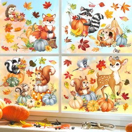 decalmile Woodland Animals Fall Pumpkin Double Sided Window Clings Autumn Harvest Forest Animals Deer Fox Squirrel Anti-Collision Glass Doors Window Stickers Decals