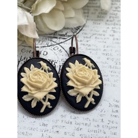 FANCY FOX BOUTIQUE Rose Gold Brass Cream & Black Victorian Anniversary Earrings Cameo Birthday Gift