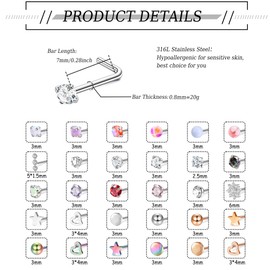 MILACOLATO 30Pcs Hypoallergenic Nose Rings Studs 316L Stainless Steel Nose Piercings Jewelry Straight L Shaped Corkscrew Nose Ring Studs Cubic Zirconia Opal Nose Studs for Women Men 20G L