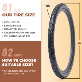2 PCS 29x1.95 Bike Tires, Durable Folding 29 Inch 50-622 29x1.95 Mountain Bicycle Tires, Replacement Bike Tires for Mountain MTB Off-Road Bicycle, Clincher
