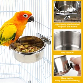 Pack of 2 Bird Feeding Bowls for Hanging, Stainless Steel Bird Bowl with Holder, Bird Feeder Bowl for Parrots, Bird House, Water Bowl, Water Bowl, Cage Feeding Station with 2 Perches