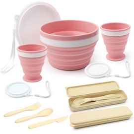 5 Pack Collapsible Camping Bowl Sets,Camping Foldable Bowl Set,Camping Plate Bowl Cup Cutlery Set,Folding Portable Camping Plates and Bowls Set for Outdoor Traveling Hiking Camping Picnic (Powdered)