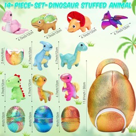 RoundFunny 14 Pcs Dinosaur Stuffed Animal Small Dino Plush Toy and Egg Bag Set Cute Glitter Plush Dinosaur Toy for Easter Birthday Dinosaur Themed Party Decoration