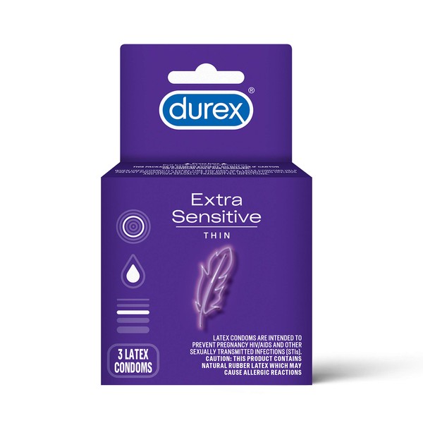 Durex Extra Sensitive Condoms, Ultra Thin, Lubricated Natural Rubber Latex Condoms for Men, FSA & HSA Eligible, 3 Count (Pack of 5)