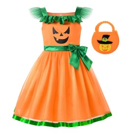 ReliBeauty Girl Halloween Pumpkin Dress with Handbag, 110