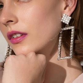 Aneneiceera Large Crystal Square Drop Earrings Large Square Hoop Earrings Gold Hanging Hollow Square Rhinestone Earrings Statement Crystal Rectangle Geometric Sparkling, Silver