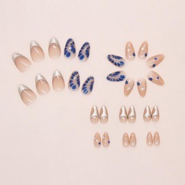 30Pcs Short Press on Nails Almond Shaped Fake Nails French Tip Glue on Nails Dark Blue Flower False Nails Starlight Designs Summer Cute Stick on Nails Gloss Artificial Nails for Women Girls