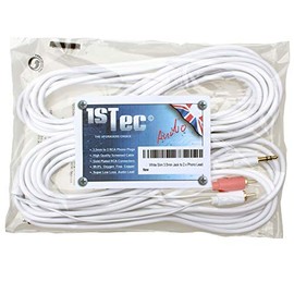1STec 7.5m Short White Stereo 3.5mm Mini Jack Plug to 2 Male RCA Phono Audio Cable for Connecting sources such as Mobile Phones Ipods TVs PCs or Laptops to an Amplifier 1/8" 7.5 Metre