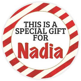 This is a Gift for Nadia - 100 Pack Circle Stickers 3 Inch - Candy Cane Merry Christmas Gift Tag Present Tree Holiday Custom Name Santa Claus