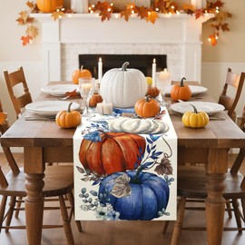 Artscope Pumpkins Eucalyptus Leaves Fall Table Runner,Autumn Seasonal Kitchen Dining Table Decoration for Fall Home Decor 13x72 Inch-Beige