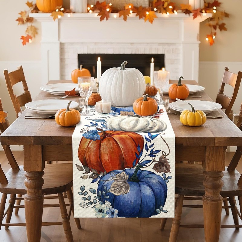 Artscope Pumpkins Eucalyptus Leaves Fall Table Runner,Autumn Seasonal Kitchen Dining