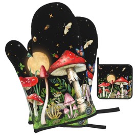 Cute Mushroom Oven Mitts and Pot Holders Sets of 3 Holiday Kitchen Decor Heat Resistant Witchy Hot Pads Oven Gloves for Cooking Grilling Baking