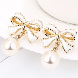 Bow Earrings for Women Trendy Stuff Cute Bow Pearl Drop Dangle Earrings Bowknot Stud Bow Earrings for Women Wedding Party Daily Jewelry Accessory Gifts Stocking Stuffers for Women(White)
