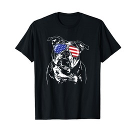 Funny Proud Old English Bulldog American Flag sunglasses T-Shirt