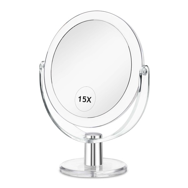 CLSEVXY Vanity Mirror Makeup Mirror with Stand, 1X/15X Magnification Double Sided 360 Degree Swivel Magnifying Mirror, 6.25 Inch Portable Table Desk Counter top Mirror Bathroom Shaving Mirror