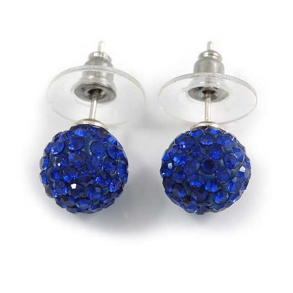 10mm D/Montana Blue Crystal Ball Stud Earrings/Silver Plated